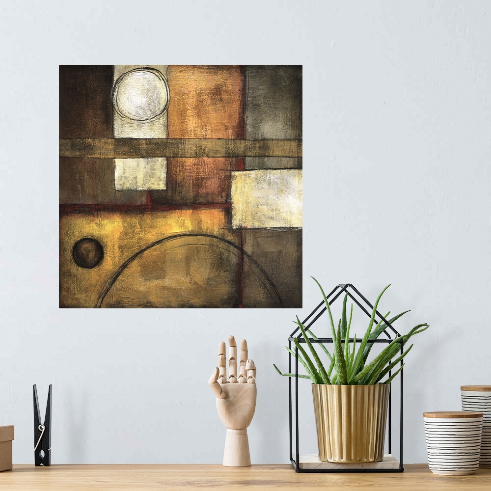 A bohemian room featuring Abstract painting of squared shapes, overlapped with circular elements, done in textured earth to...
