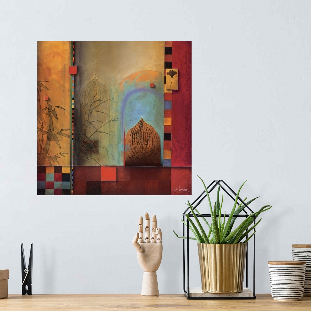 A bohemian room featuring A contemporary painting of bamboo, leaves, and a door bordered with a square grid design.