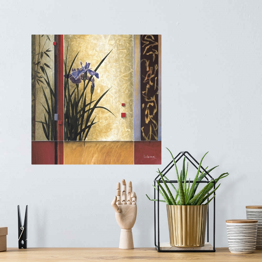 A bohemian room featuring A contemporary Asian theme painting with irises with a square grid design.
