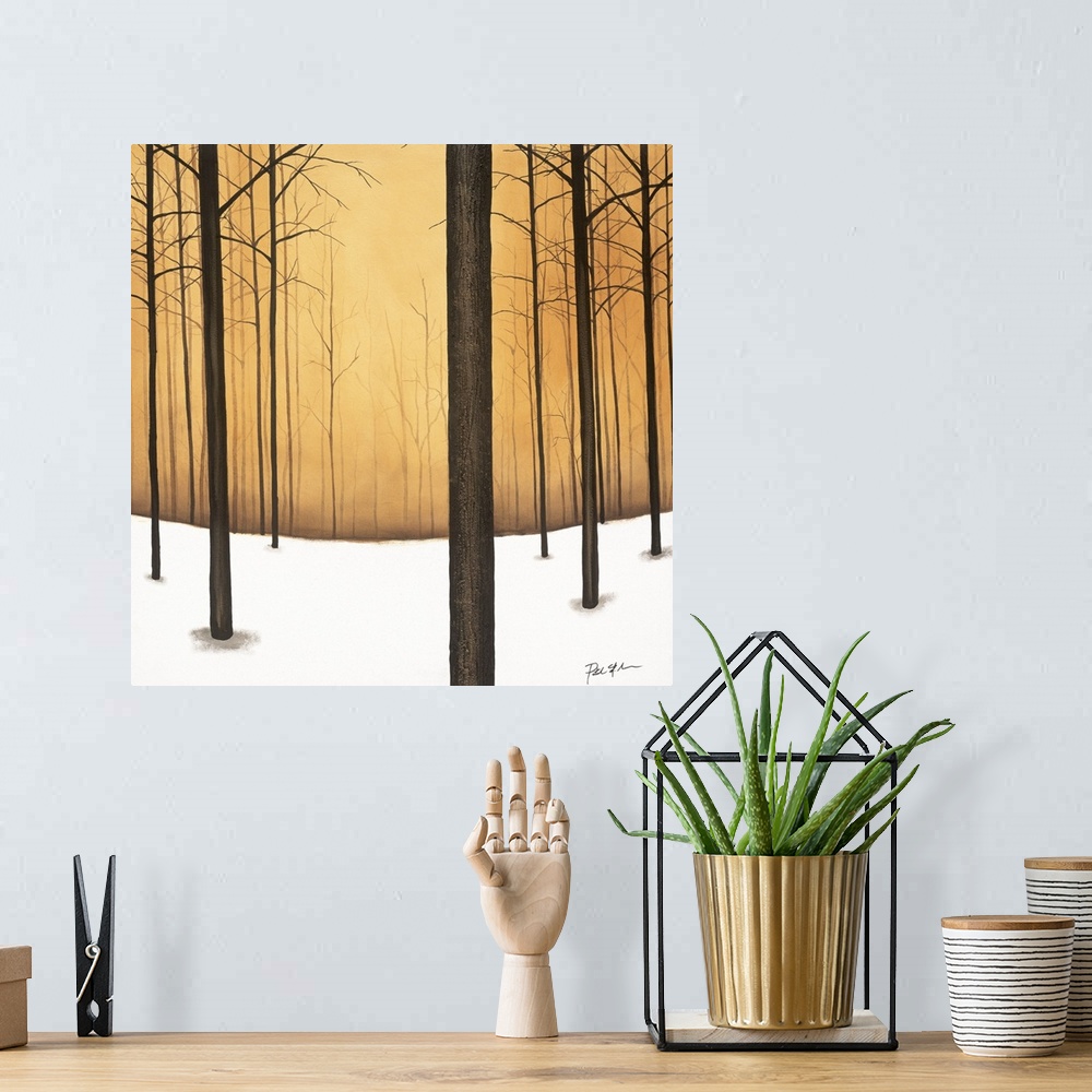 A bohemian room featuring Square contemporary painting of bare trees and snow in a forest with a warm background.