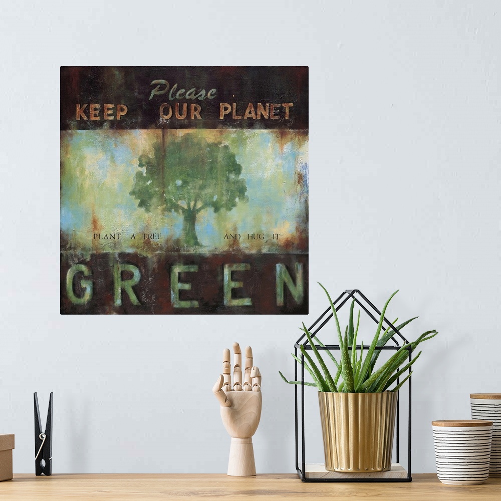 A bohemian room featuring Design of a green tree with the text "Please Keep Our Planet Green: Plant A Tree And Hug It" done...