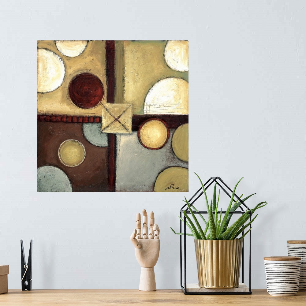 A bohemian room featuring Abstract painting of squared shapes overlapped with circular and "x" elements all done in earth t...