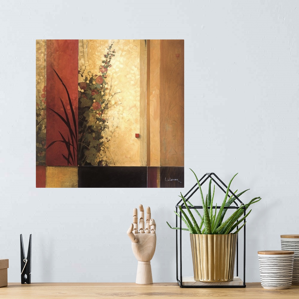 A bohemian room featuring A contemporary Asian theme painting with flowers and a square grid design.