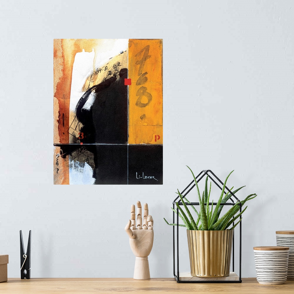 A bohemian room featuring Abstract painting of textured colors of black, red, yellow and orange.