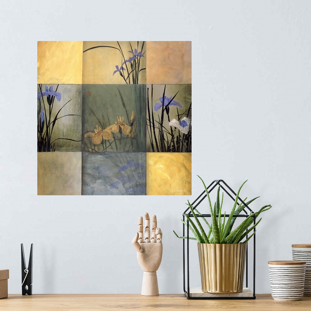 A bohemian room featuring A contemporary painting of irises in a nine square grid design.