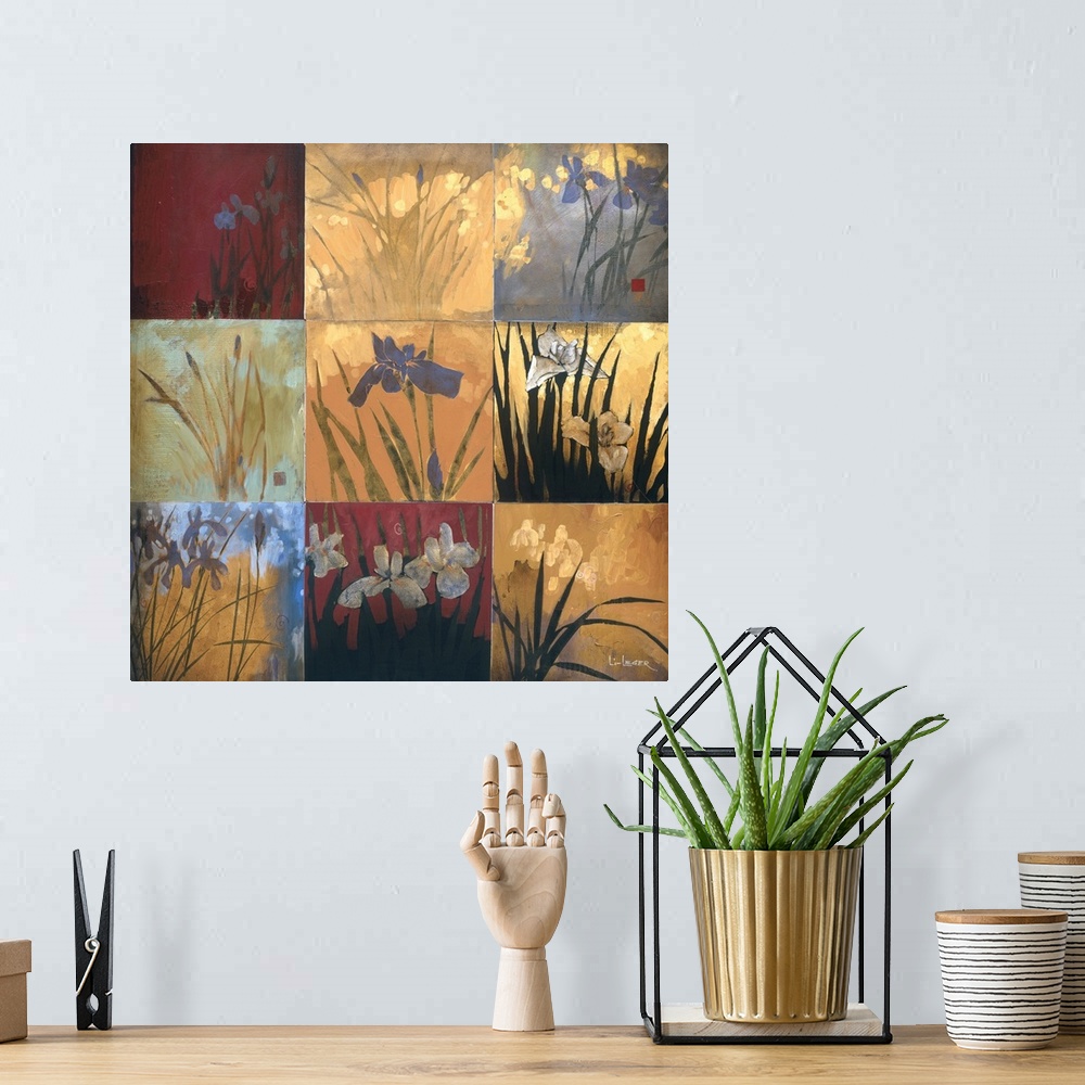 A bohemian room featuring A contemporary painting of irises in a nine square grid design.