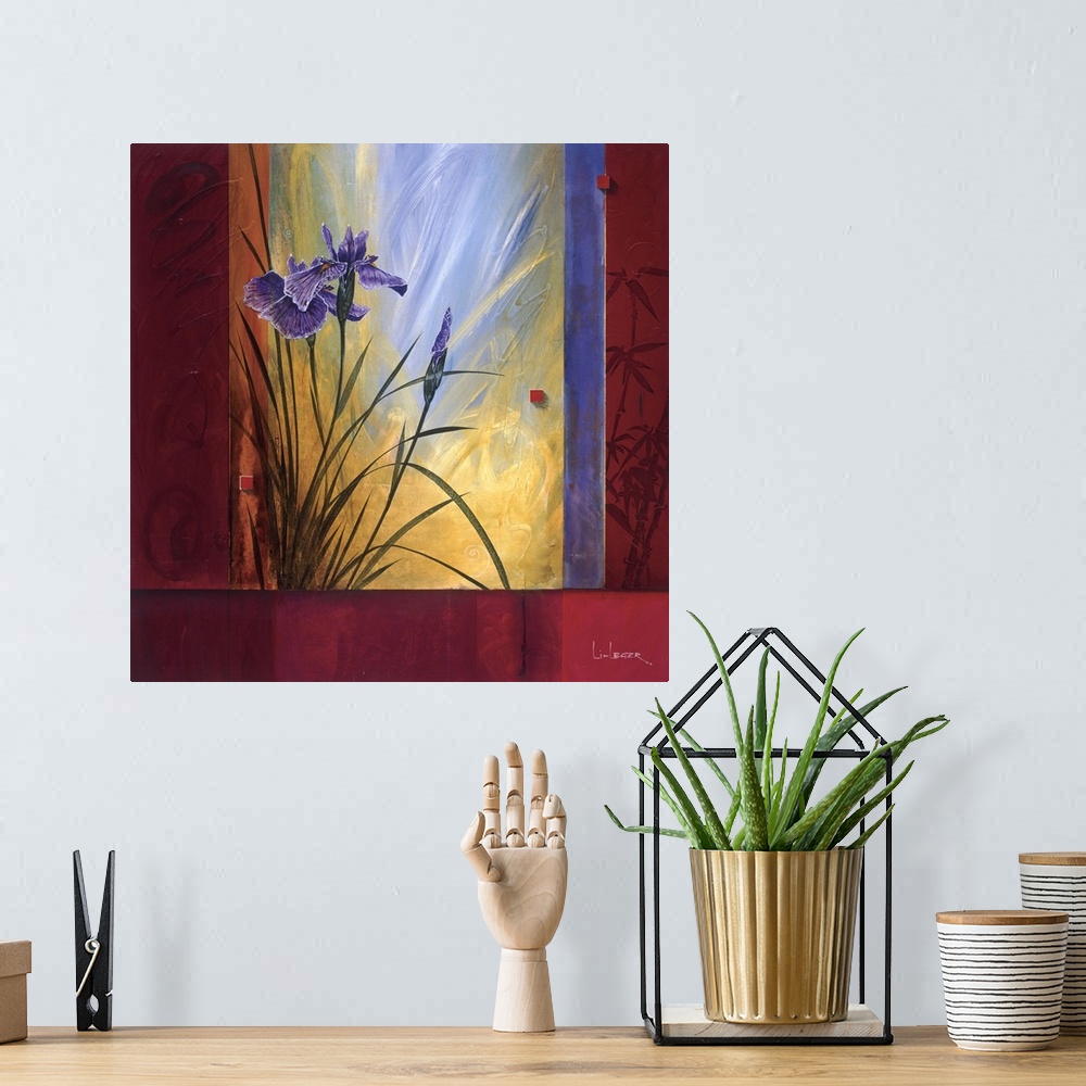 A bohemian room featuring A contemporary painting of purple irises with a square grid design border.