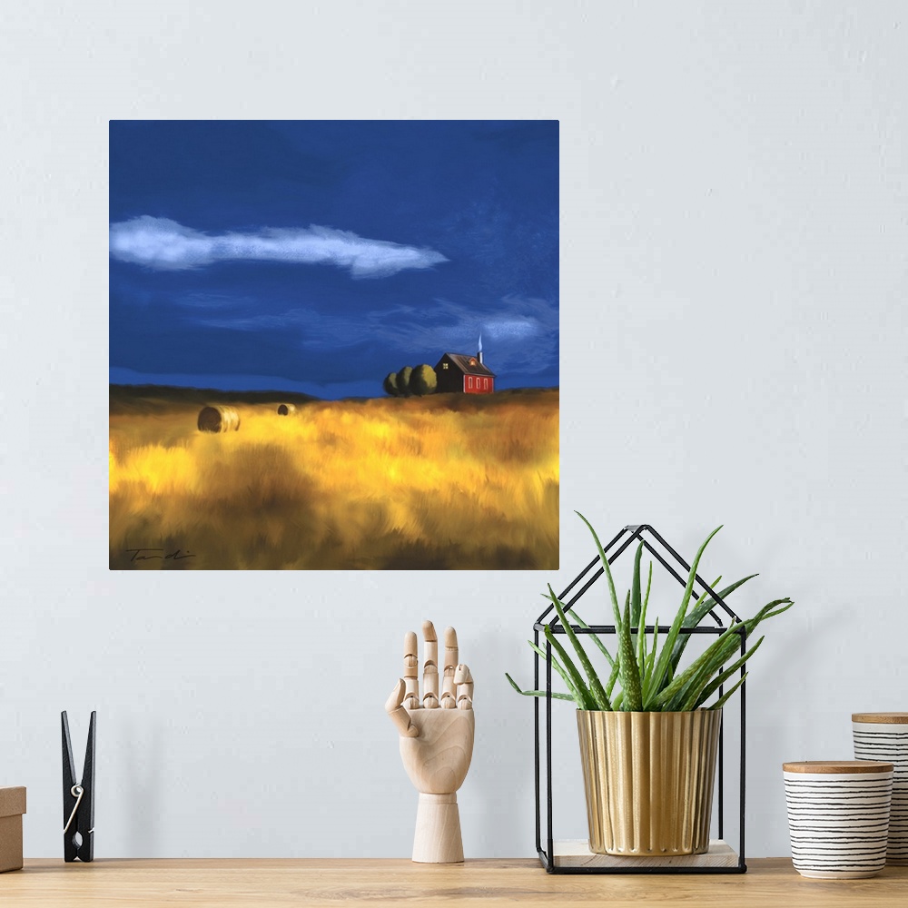 A bohemian room featuring Painting of a red farmhouse in a wheat field with hay bales.