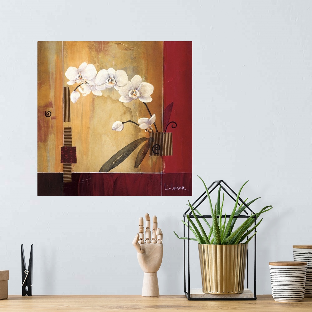 A bohemian room featuring A contemporary painting of white orchids bordered with a square grid design.