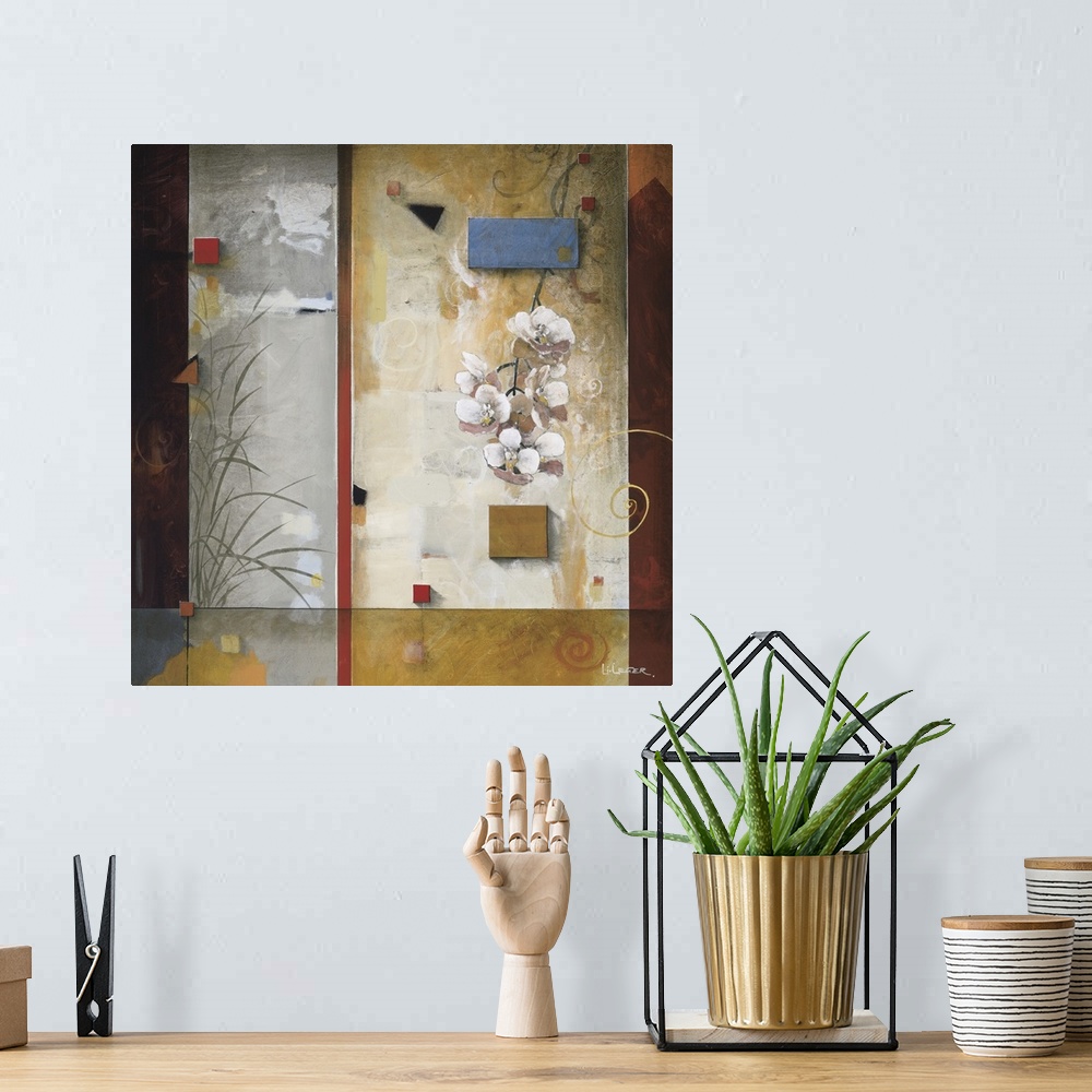 A bohemian room featuring A contemporary Asian theme painting with white orchids bordered with a square grid design.