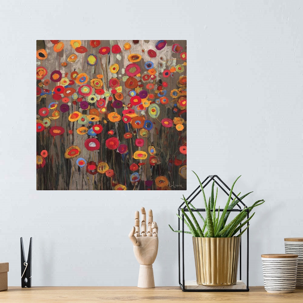 A bohemian room featuring A square painting of a group of multi-colored poppies on a neutral backdrop.