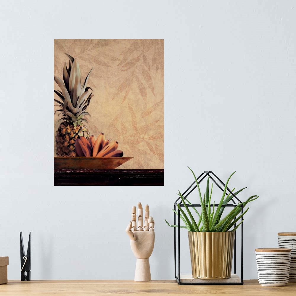 A bohemian room featuring A vertical contemporary painting of bananas and a pineapple in a platter on a table, with a leaf ...