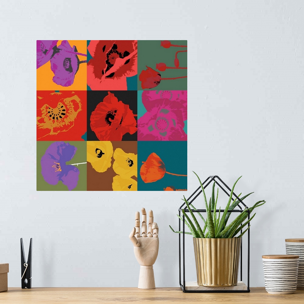 A bohemian room featuring Modern artwork of bright colored poppies in a nine square design.