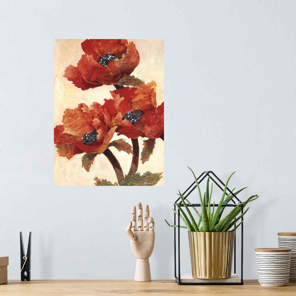 A bohemian room featuring Vertical painting of a group of textured red poppies against a neutral backdrop.