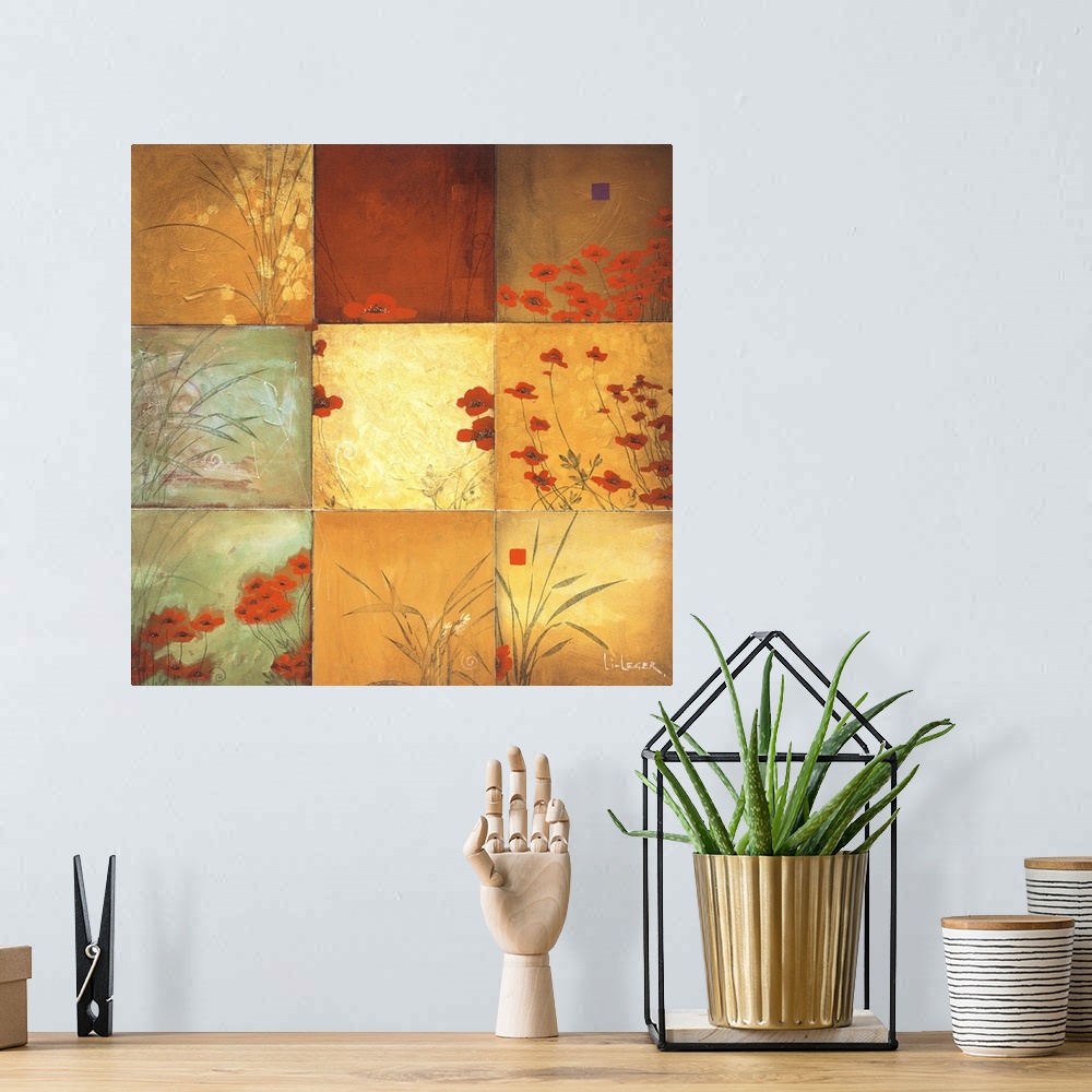 A bohemian room featuring Square painting of nine images of poppies in different colors and views.