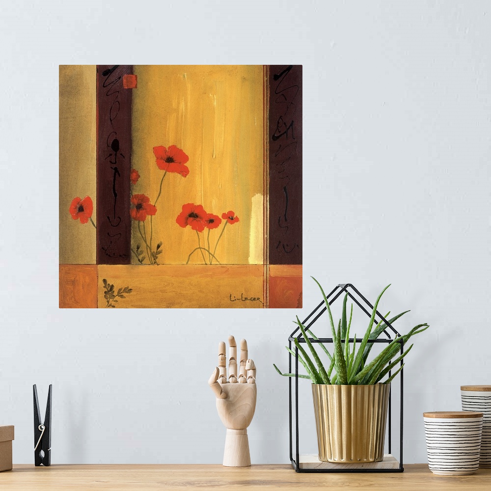 A bohemian room featuring A contemporary painting of red poppies bordered with a square grid design.