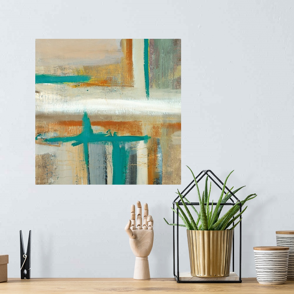 A bohemian room featuring Square abstract painting of horizontal and vertical brush strokes in shades of teal, brown, gray ...
