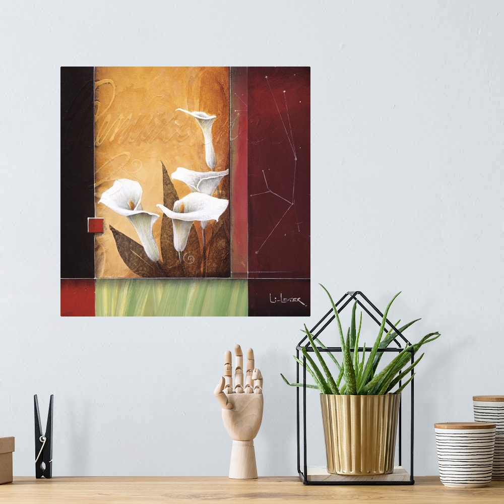 A bohemian room featuring A contemporary painting of Calla Lilies bordered with a square grid design.