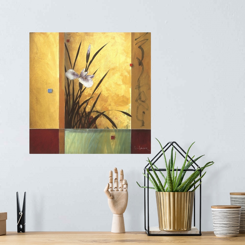 A bohemian room featuring A contemporary square painting of irises with a square grid design.