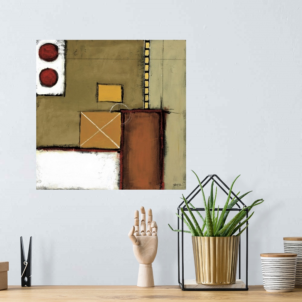 A bohemian room featuring Abstract painting of squared shapes overlapped with circular and "x" elements and a vertical stri...