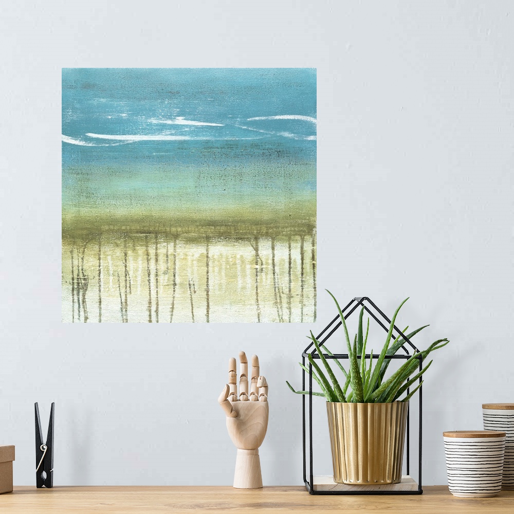 A bohemian room featuring A modern abstract landscape of a beach scene in bold brush strokes of green and blue with drips o...