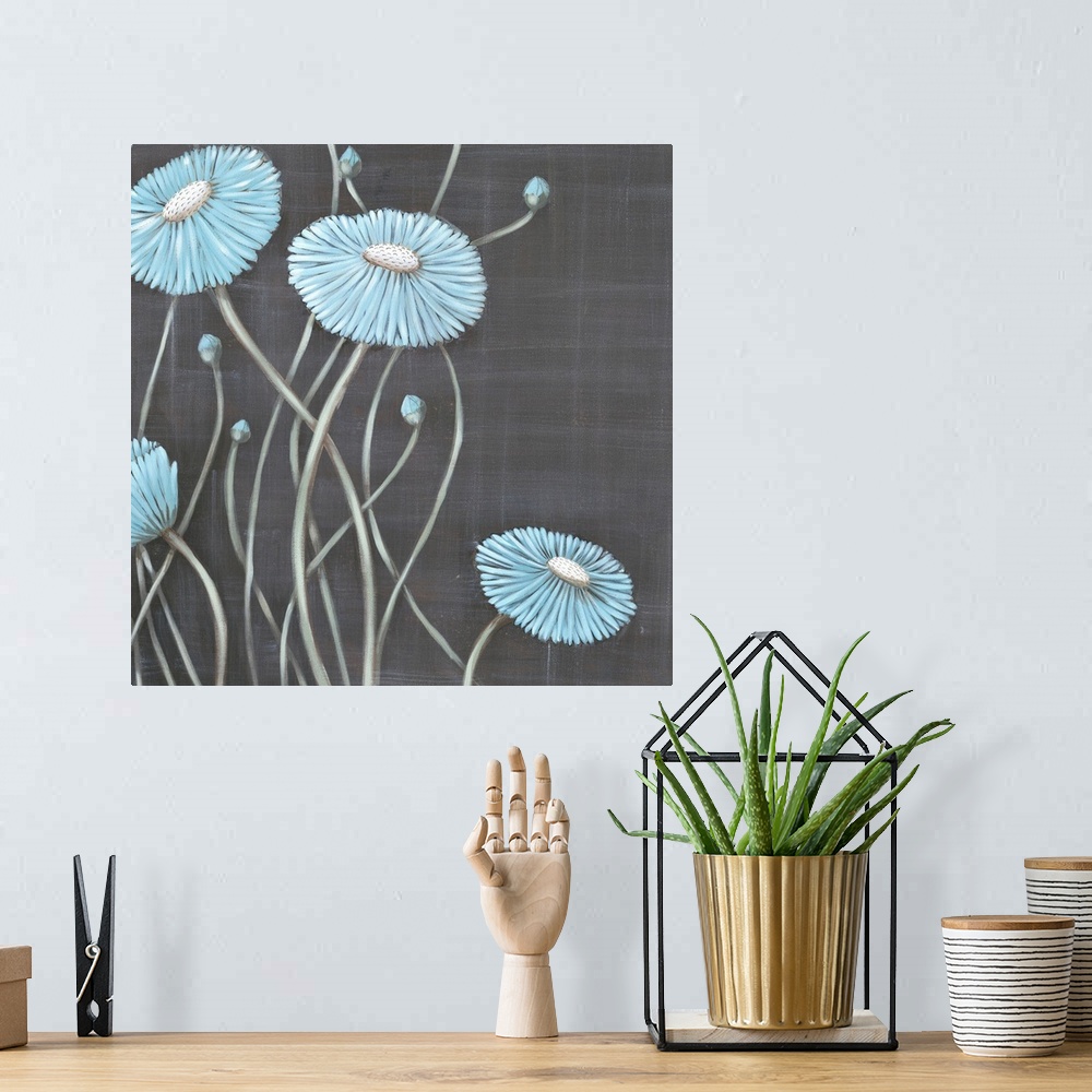 A bohemian room featuring Square contemporary painting of light blue flowers with long stems against a gray backdrop.