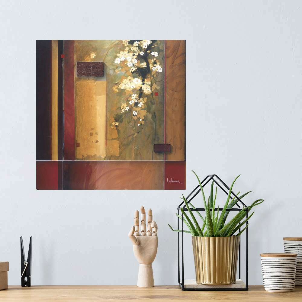 A bohemian room featuring A contemporary Asian theme painting with cherry blossoms with a square grid design.