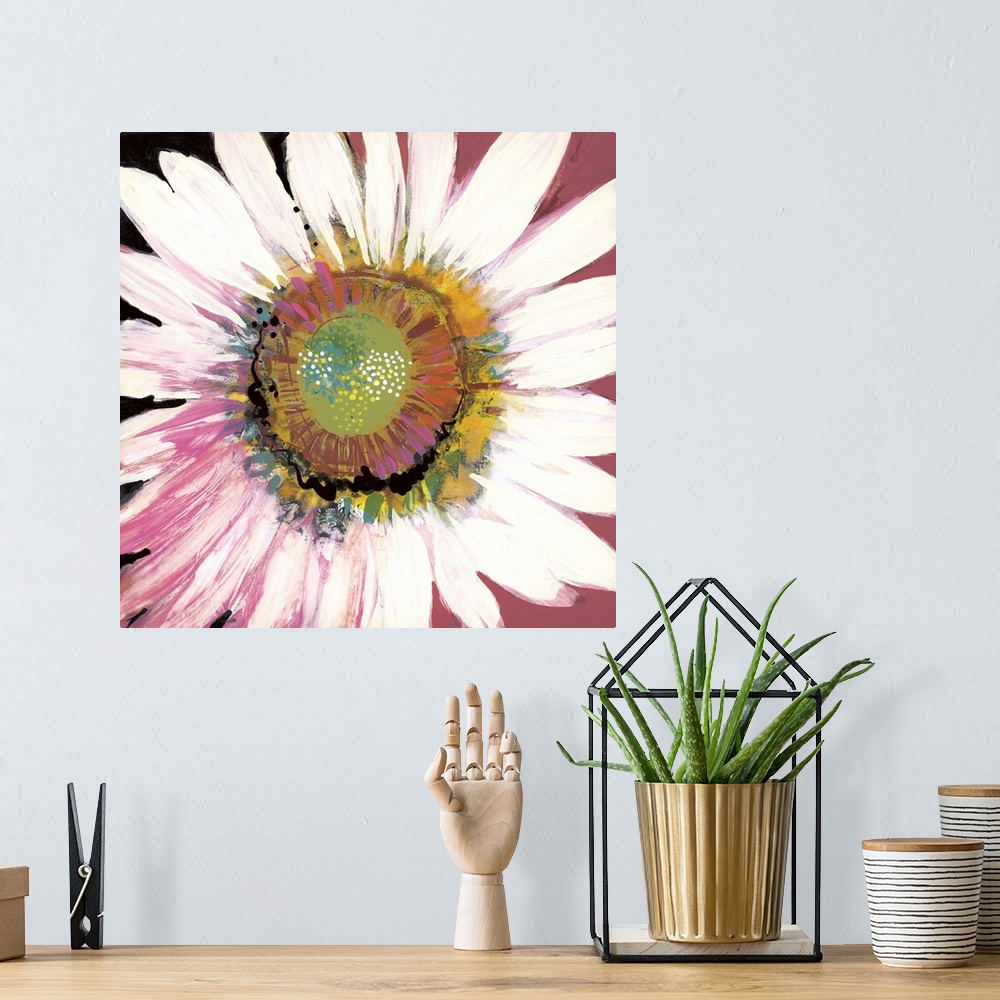 A bohemian room featuring Square contemporary painting of a large blooming flower with textured colors of pink, yellow and ...