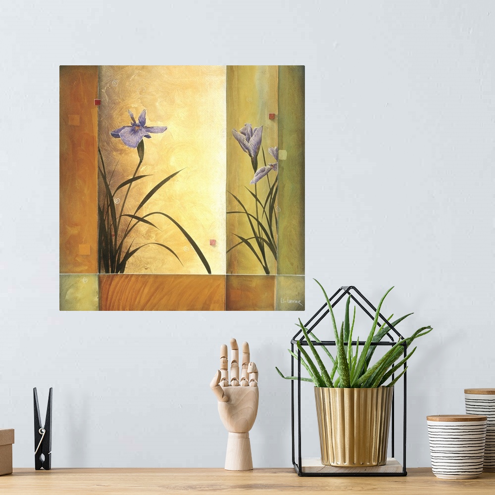 A bohemian room featuring A contemporary painting of purple irises with a square grid design.