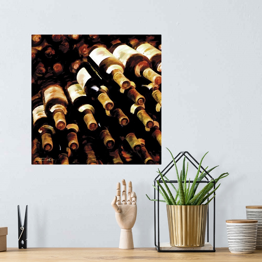 A bohemian room featuring Square contemporary painting of a stack of wine bottles.