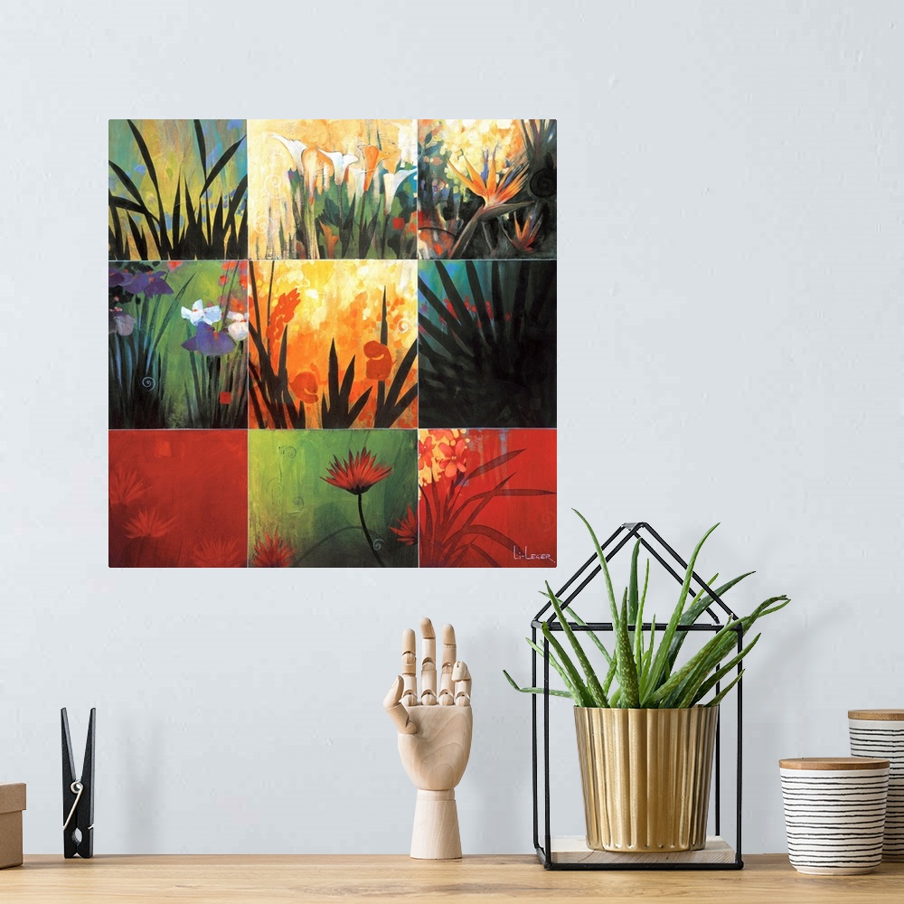 A bohemian room featuring Square painting of nine images of leaves and flowers in different colors and views.