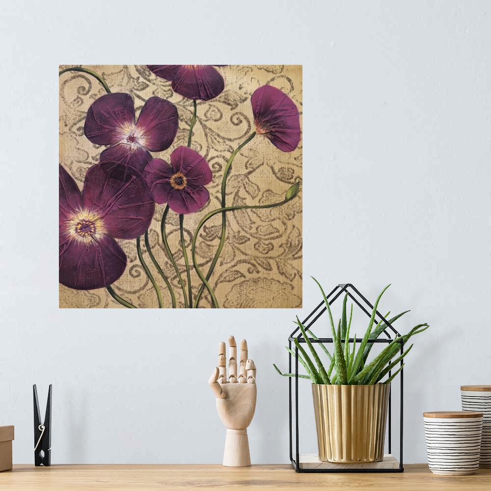 A bohemian room featuring Square painting of a group of purple flowers with textured petals against a neutral backdrop with...