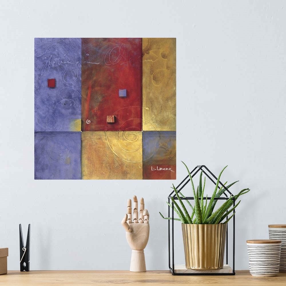 A bohemian room featuring Abstract painting of squared shapes overlapped with swirled shapes and words, all done in muted p...