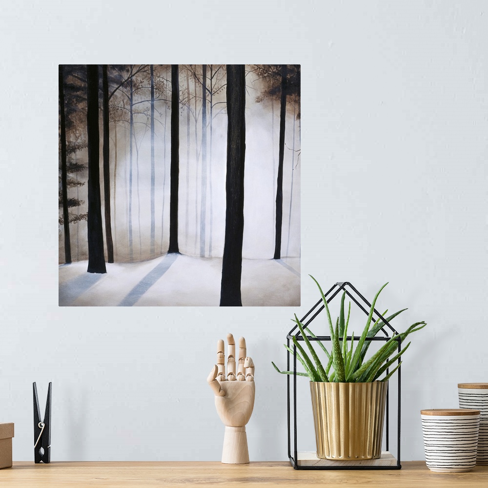 A bohemian room featuring Square contemporary painting of bare trees and snow in a forest.