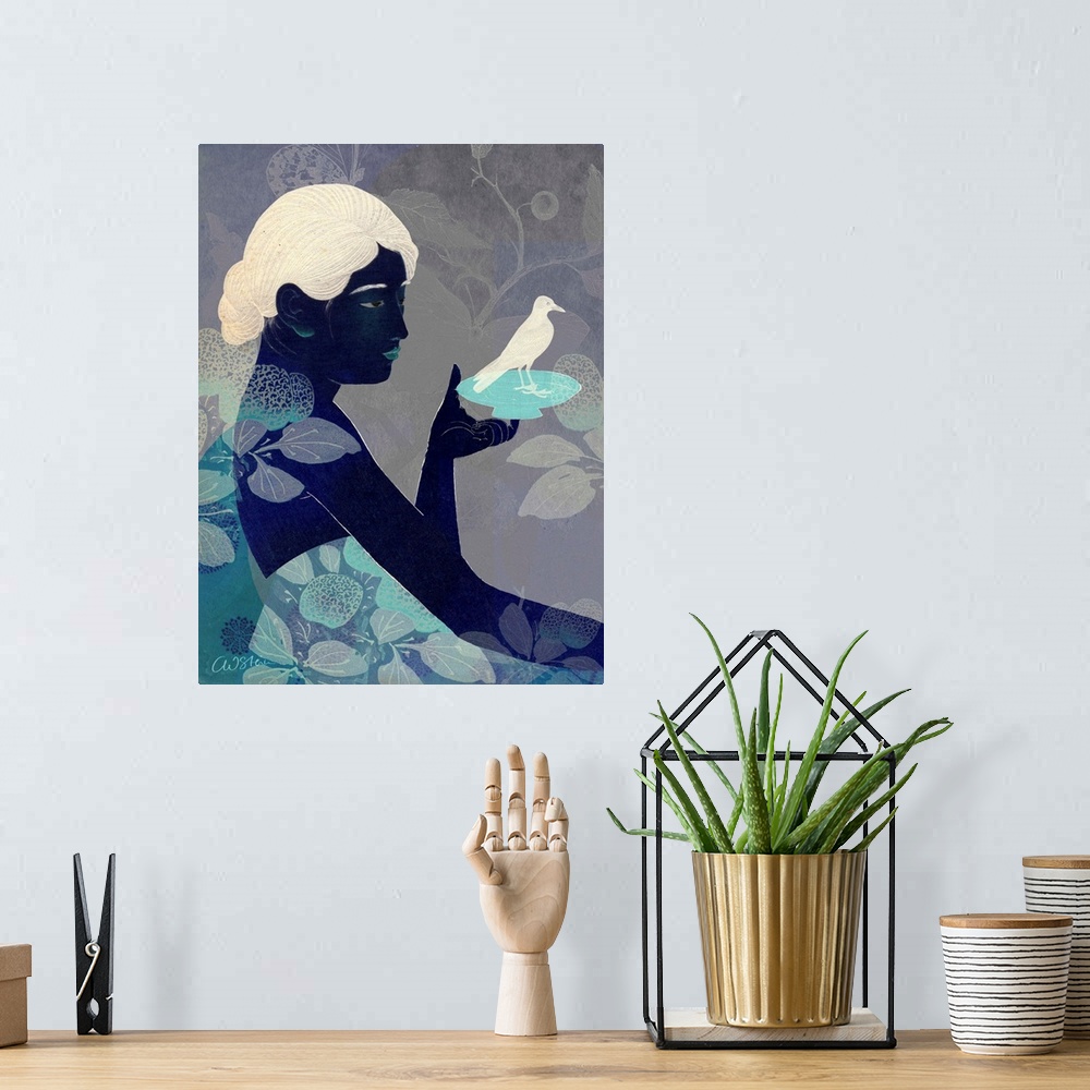 A bohemian room featuring Modern artwork of a woman holding a plate with a bird on it.  The image is made up of different s...