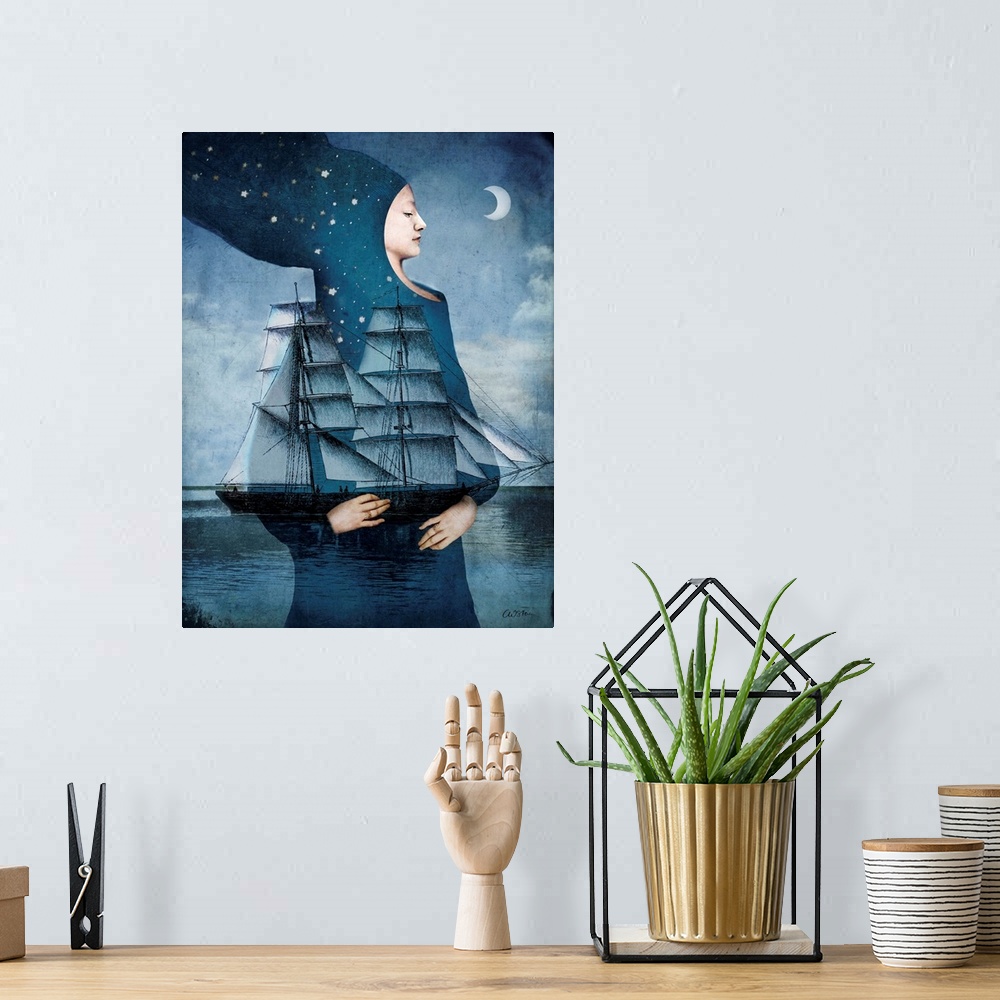 A bohemian room featuring A woman cloaked in blue with stars is holding a large ship in the moonlight.