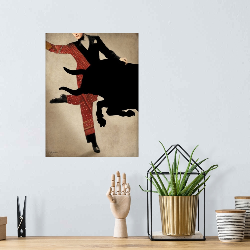 A bohemian room featuring A modern take of bull fighting in which the matador is wearing a tuxedo and dancing shoes.
