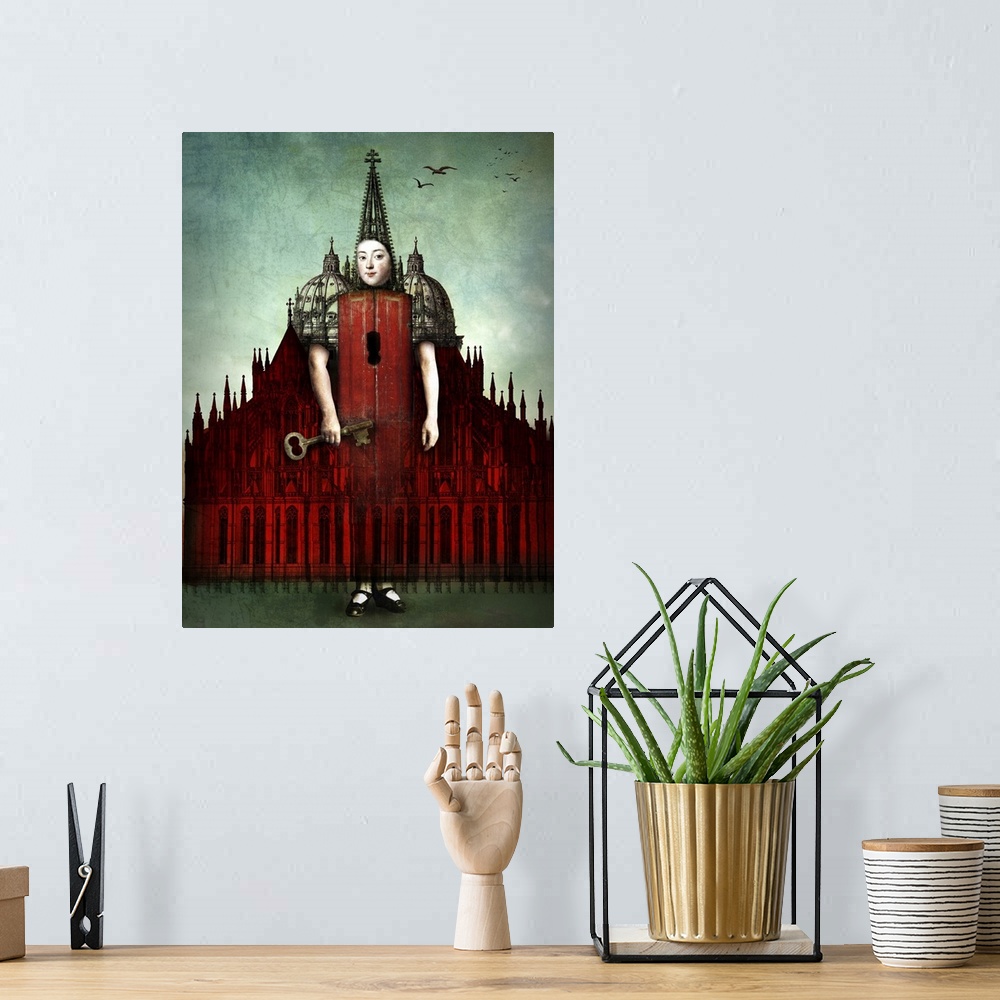 A bohemian room featuring A person with a big key materializing from a large red castle.