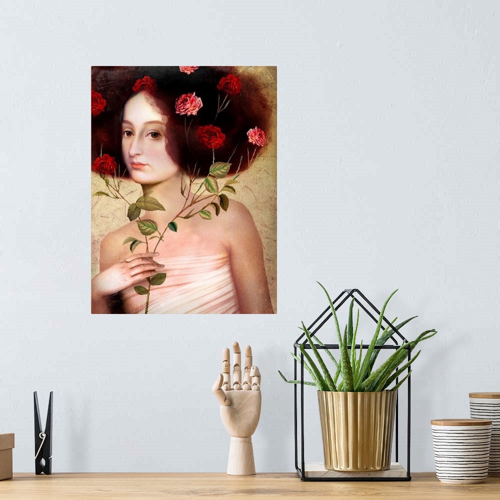 A bohemian room featuring A portrait of a lovely young lady holding a branch of roses that are intertwining through her hair.