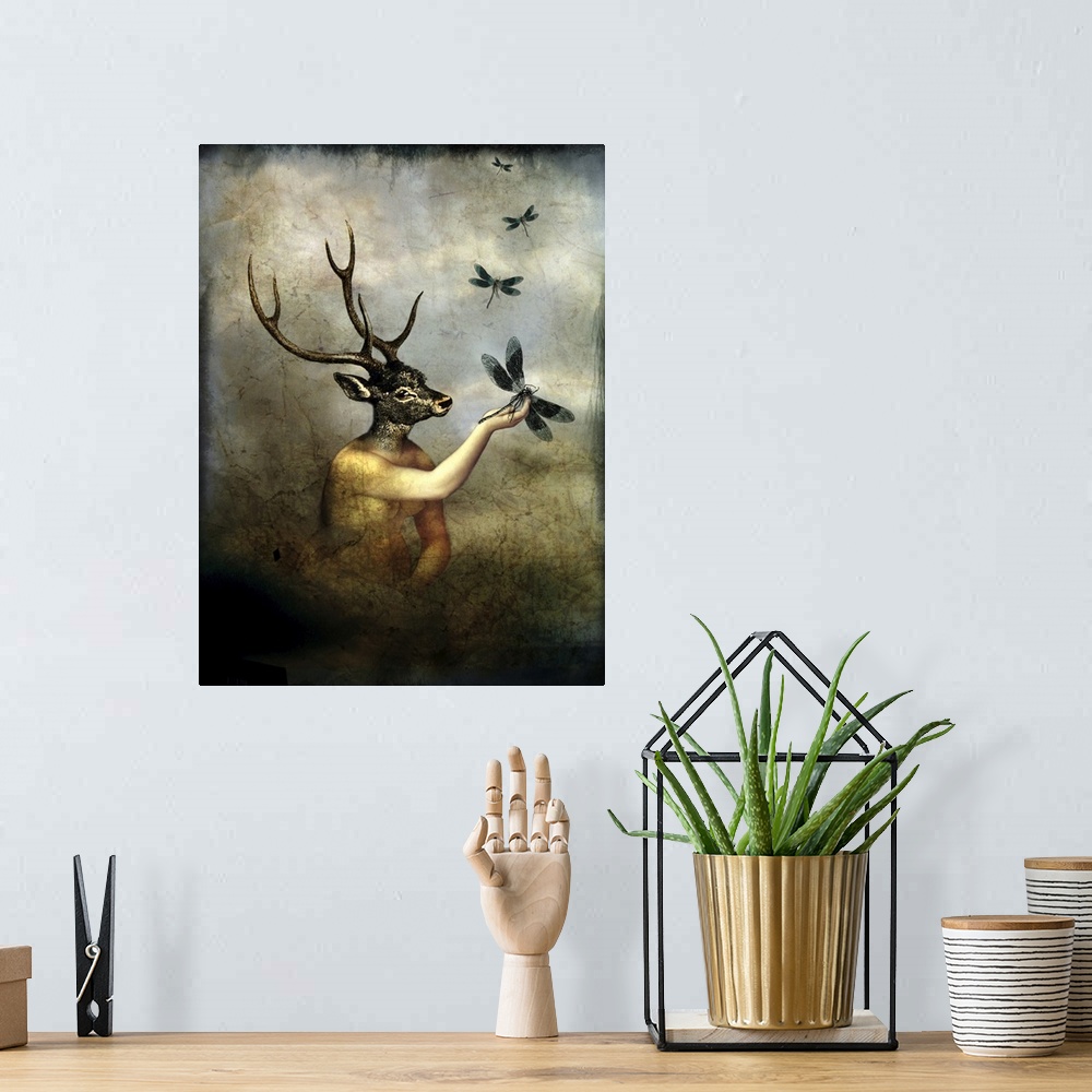 A bohemian room featuring A creature that is half nude woman and half deer with antlers, reaching out towards a dragonfly.