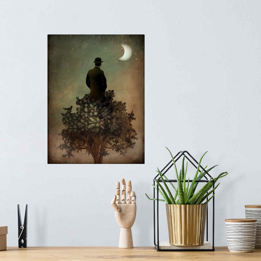 A bohemian room featuring A man standing on the top of a tree looking out at the moon.