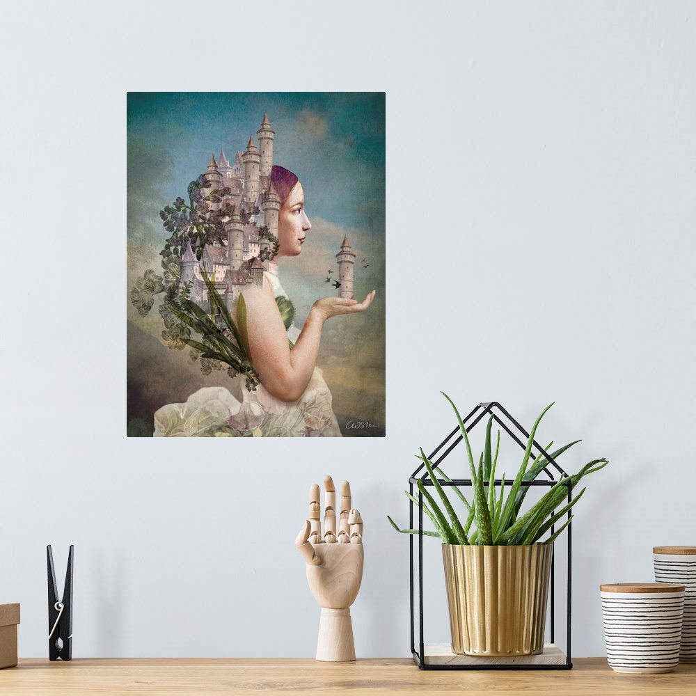 A bohemian room featuring A lady has a castle coming out of her hand and back with a cloudy background.