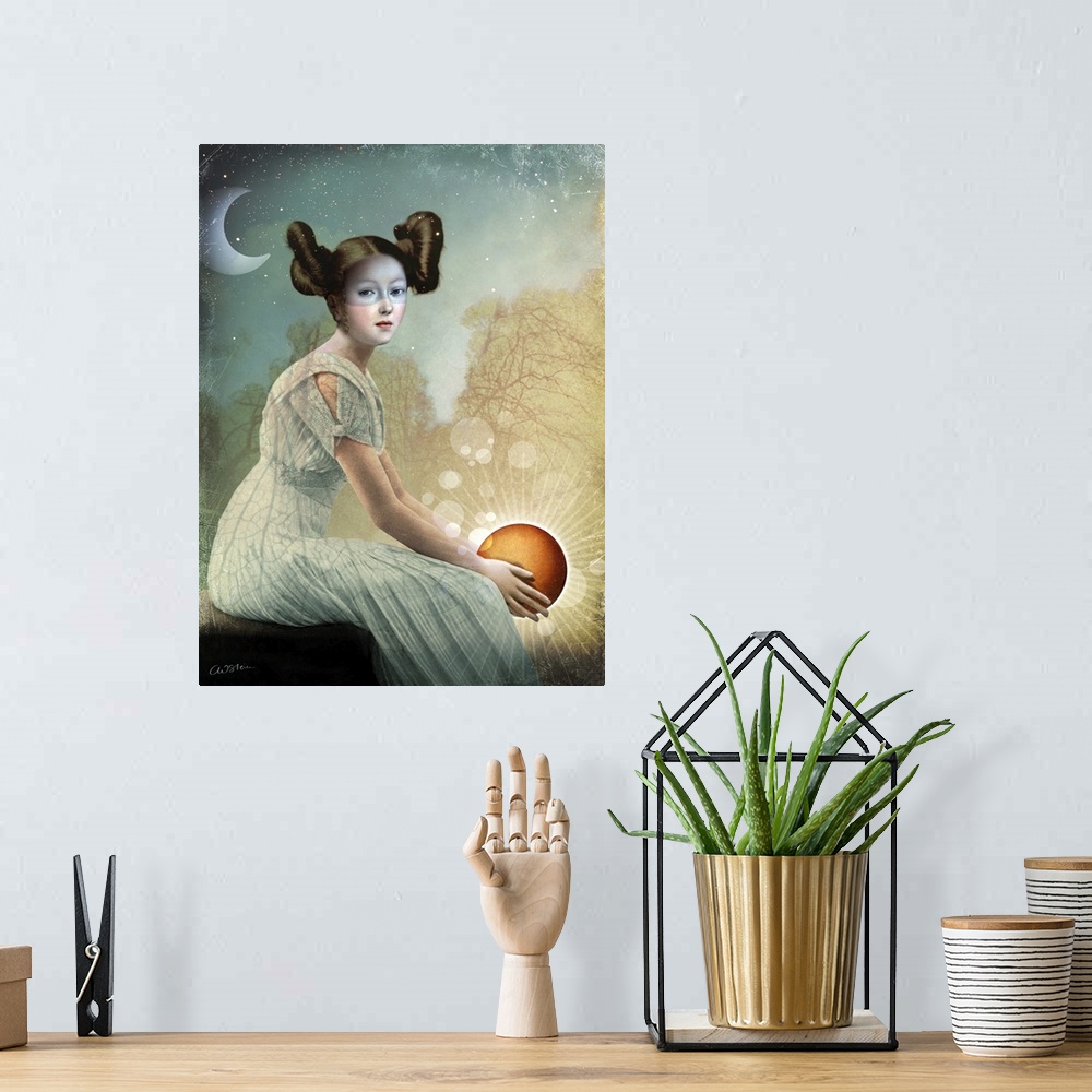 A bohemian room featuring A young lady in a white dress is holding the sun in her hands as the crescent moon is shining beh...