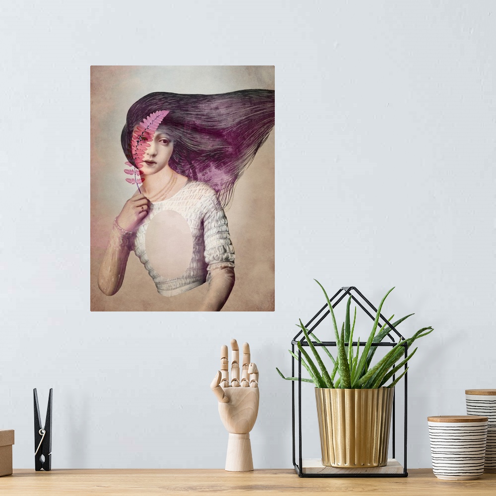 A bohemian room featuring A portrait of a woman with purple hair is holding a pink fern leaf to her face.
