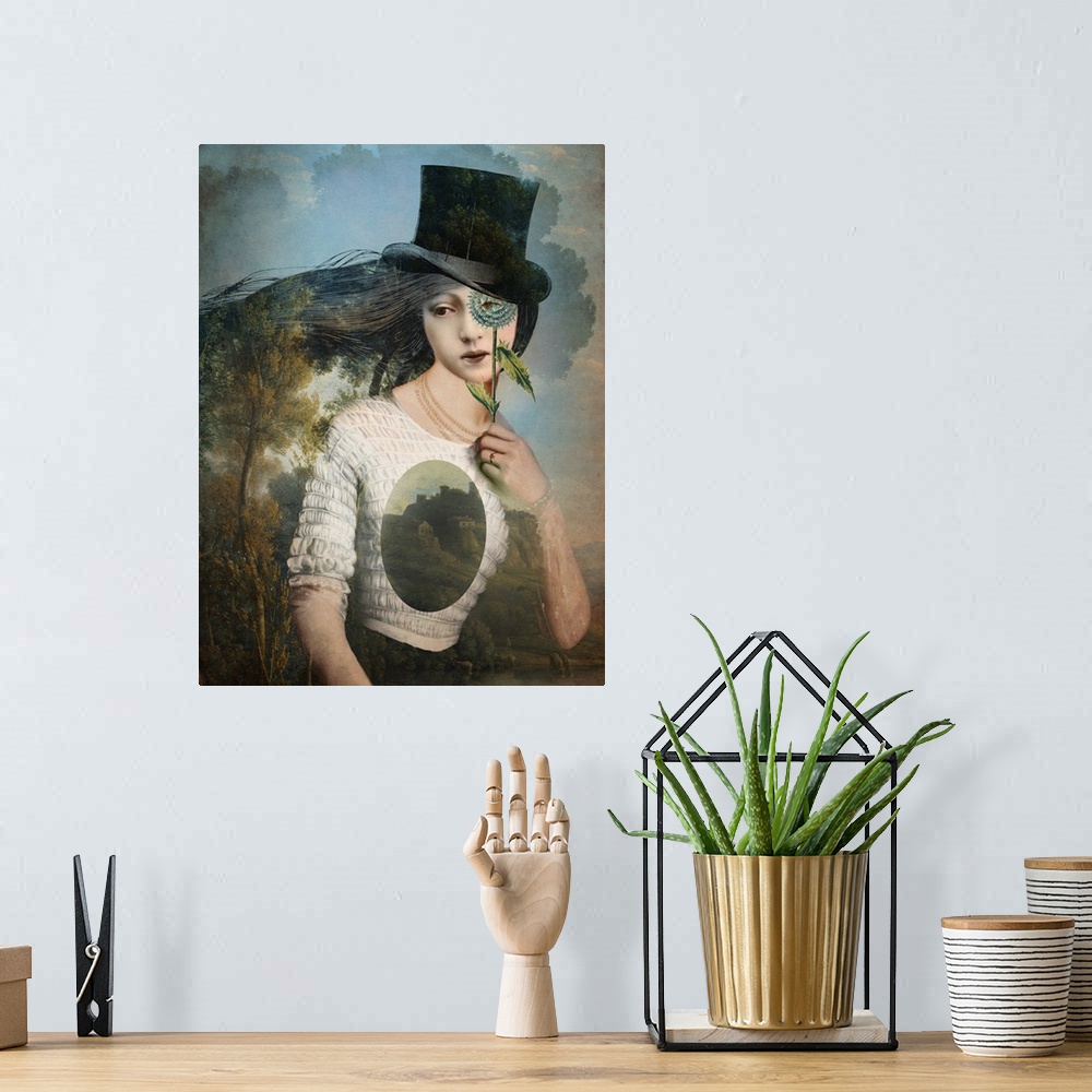 A bohemian room featuring A portrait of a lady with a top hat is looking through a flower at one eye.  You can see the coun...