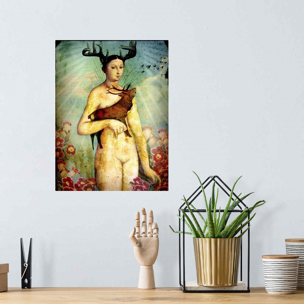 A bohemian room featuring Composite artwork of a nude woman with antlers holding an elk, surrounded by flowers.