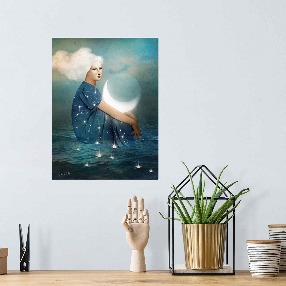 A bohemian room featuring Conceptual artwork of a woman with constellations on her dress, sitting in the ocean with the moo...