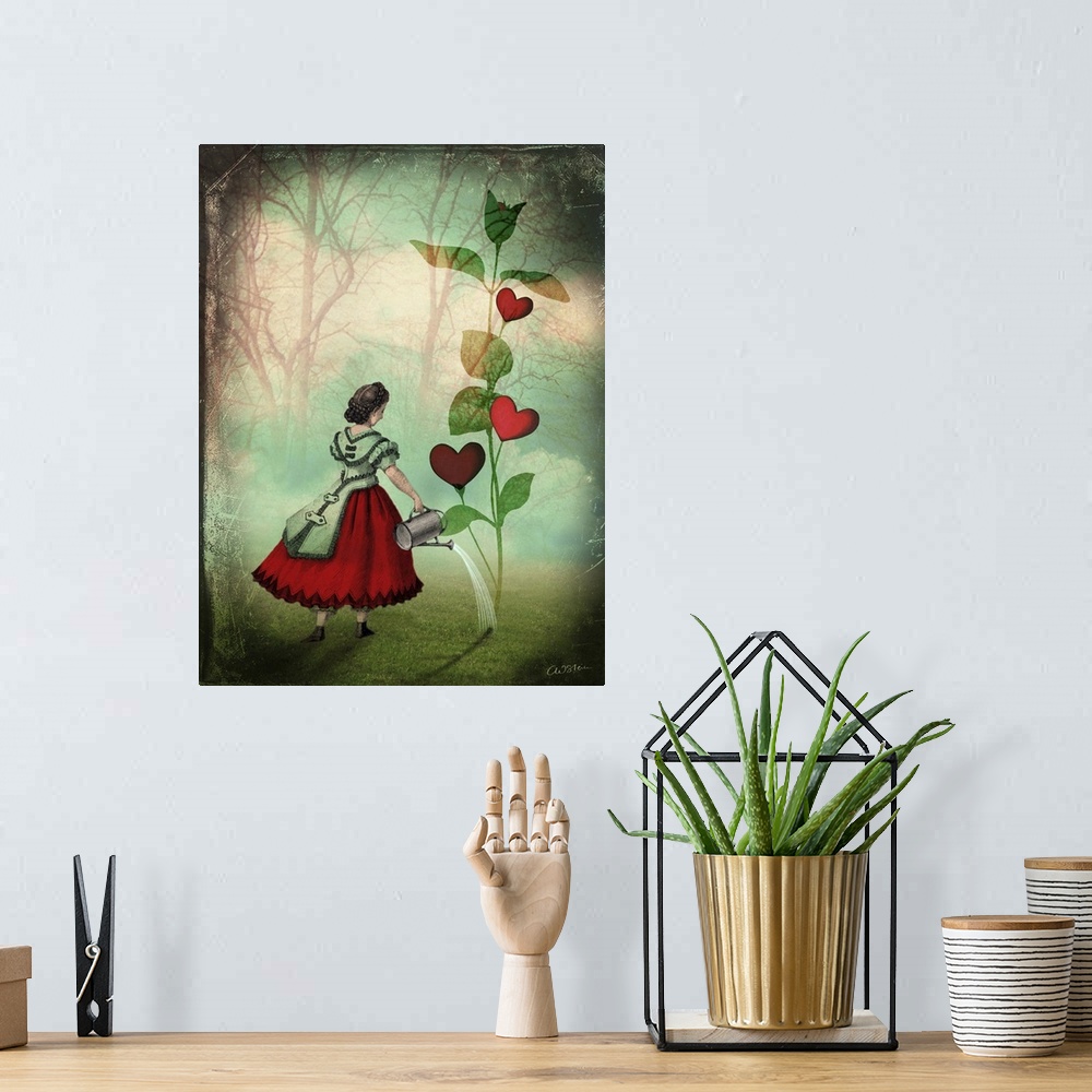 A bohemian room featuring A lady is watering a plant that is blooming hearts on it's vine.