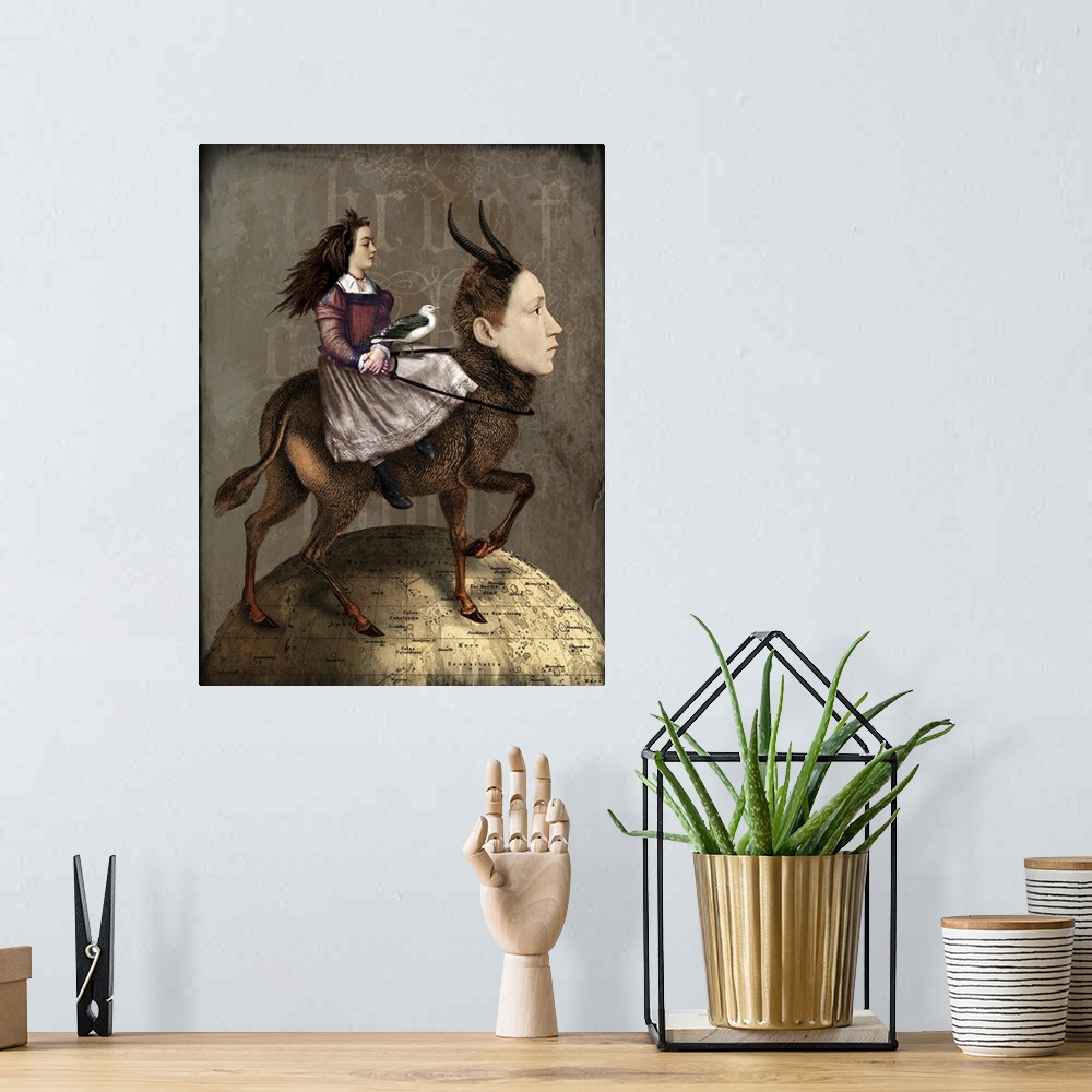 A bohemian room featuring A lady with a bird is riding a mythical creature of half man, half deer.  They are standing on a ...