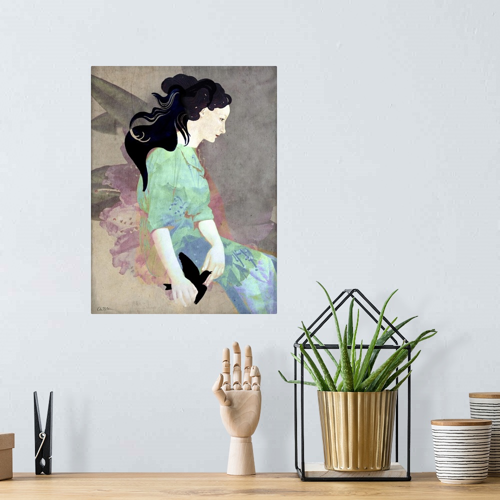 A bohemian room featuring A serene image of a woman wearing a floral dress in pastels while holding a black bird.
